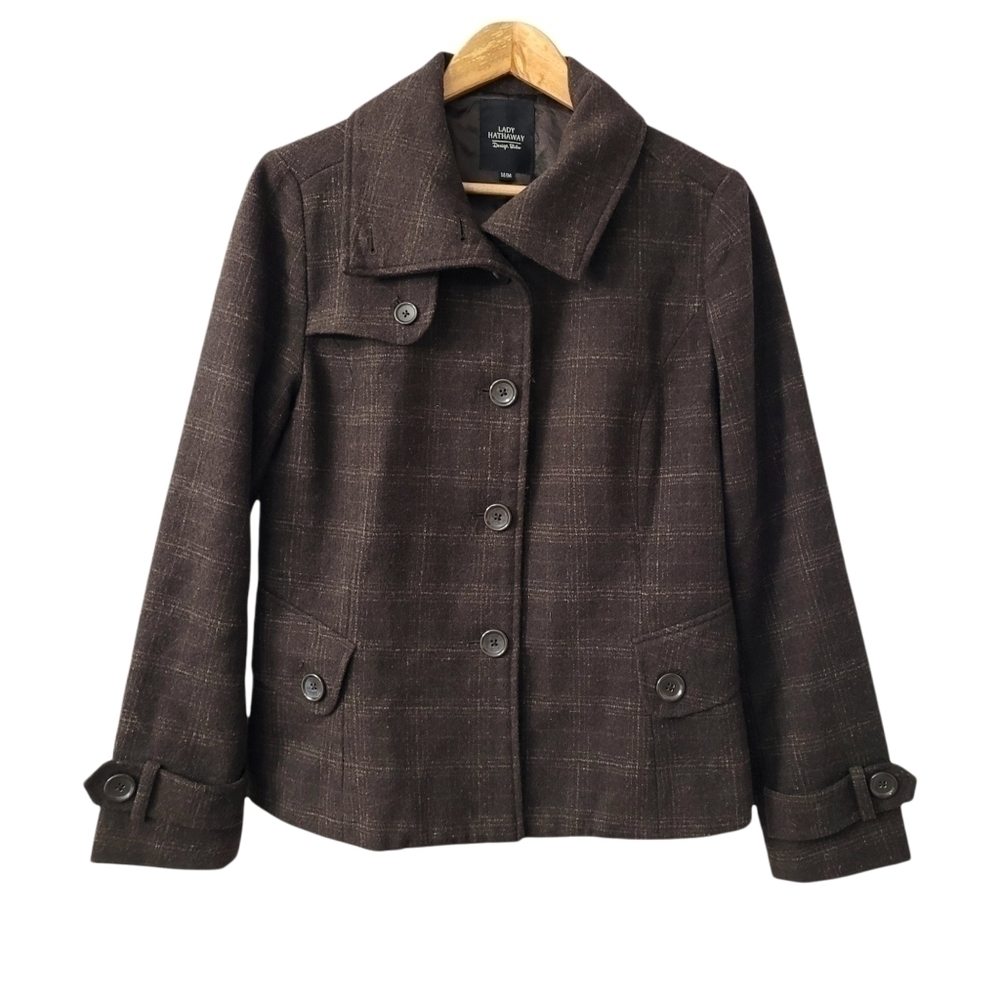 𝅺BROWN Plaid Wool Blend Single Breasted Lined Button Up Jacket Size M Y2K